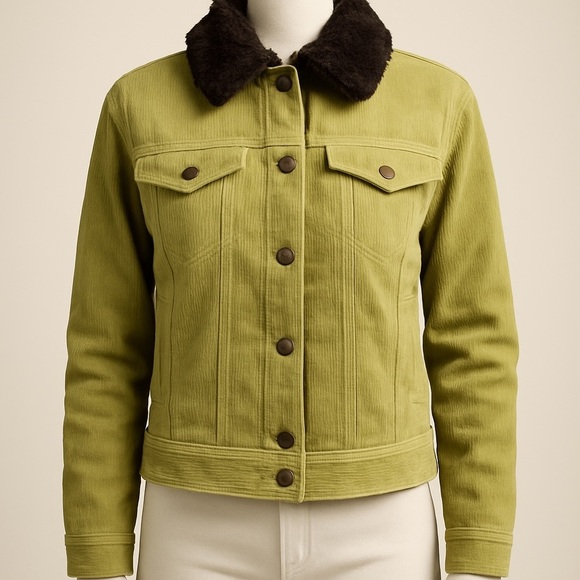 Vintage corduroy trucker jacket DUTCH HARBOR GEAR lime green faux fur lining S - Picture 1 of 13